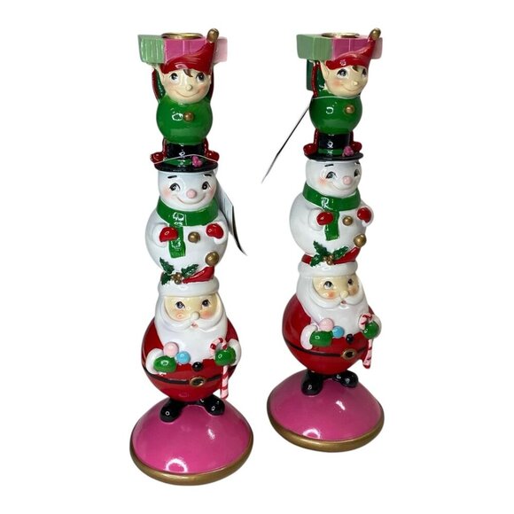 Jingles & Joy Elf Snowman Santa Christmas Candlestick Candle Holders Set Holiday - Picture 2 of 4